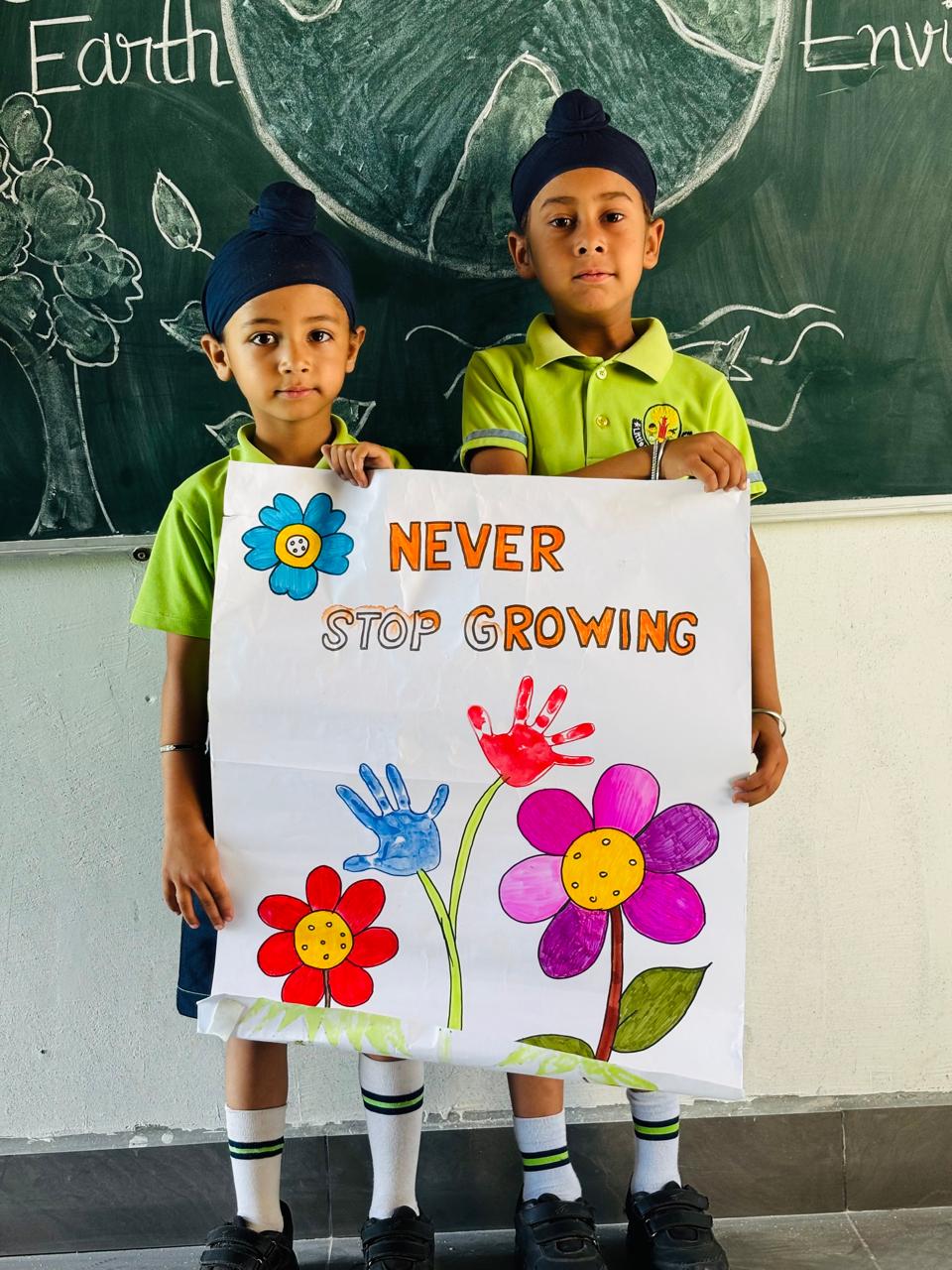 Students showcasing creative artwork at school